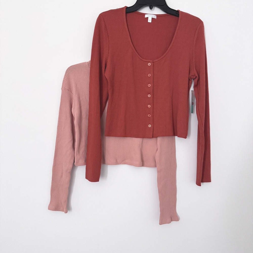2pc Crop Abound Womens M Ribbed Tops Long Sleeve Pink Rust